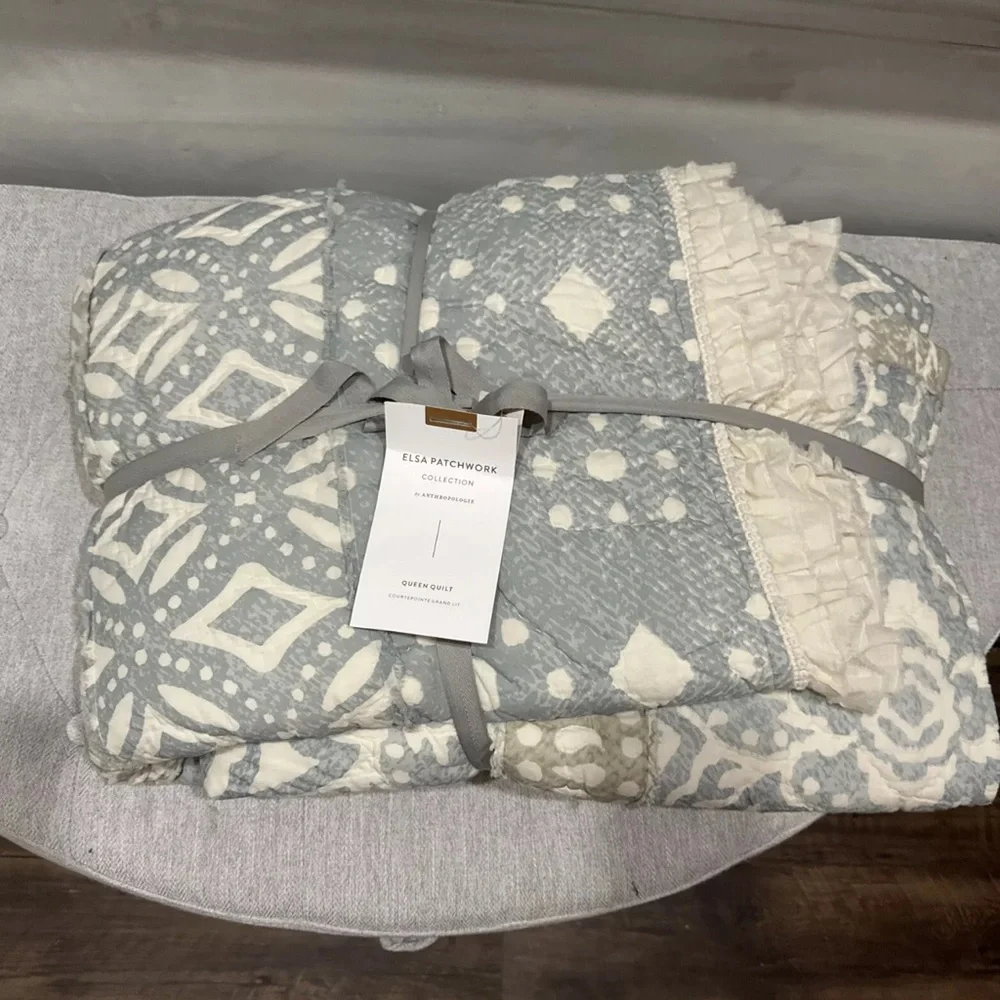 Anthropologie Elsa Cotton Voile Patchwork Quilt Soft Sky Gray Ivory